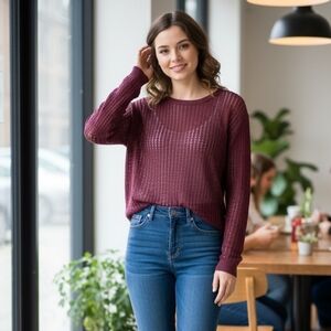 Title: Free People Sheer Open Knit Crochet Top Maroon Burgundy Medium
